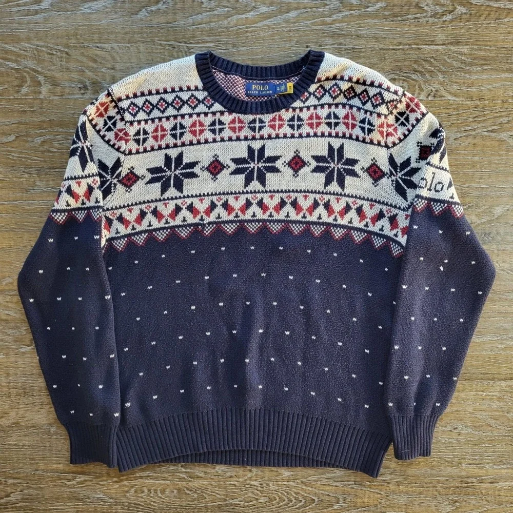 Polo Ralph Lauren Mens XL Fair Isle Snowflake Knit Sweater Navy Blue Red Cotton